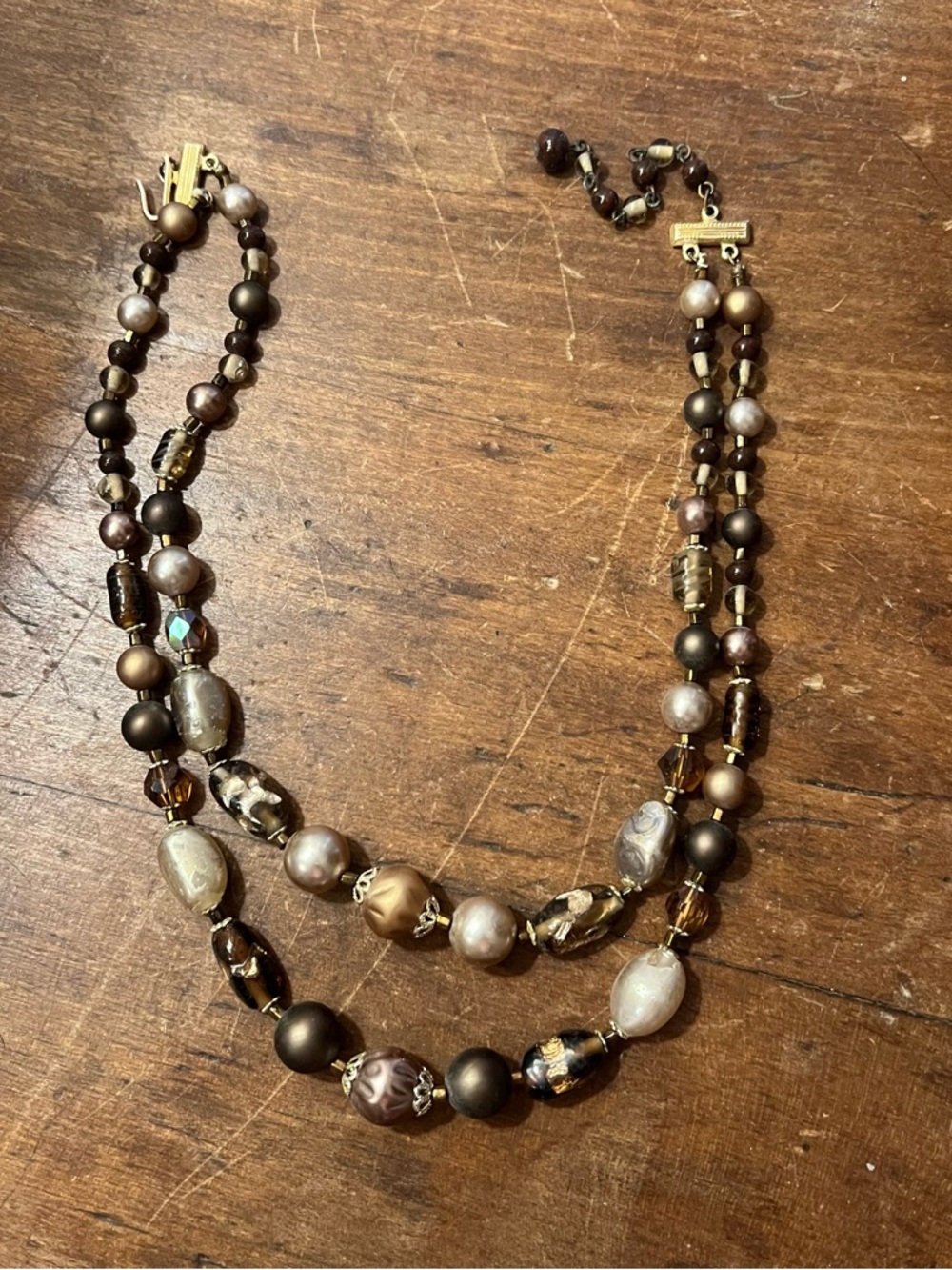 Triple-Strand Brown Pearl & Glass Bead Necklace
